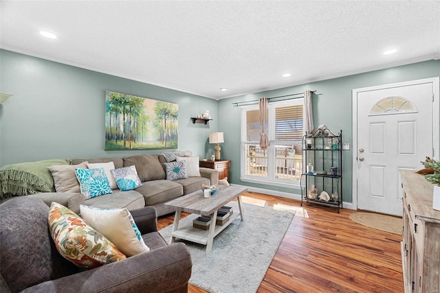 living room featuring a textured ceiling and light wood-type flooring