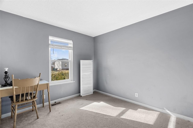 office space featuring carpet and a textured ceiling