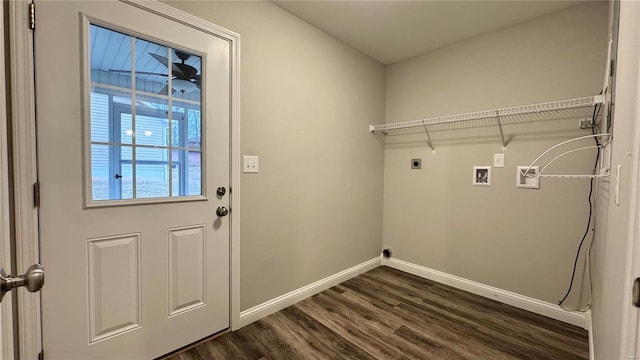 clothes washing area with electric dryer hookup, dark hardwood / wood-style floors, and washer hookup