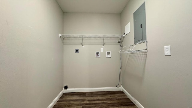 laundry area with hookup for a washing machine, electric dryer hookup, dark wood-type flooring, and electric panel