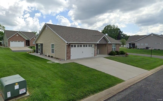 single story home with a garage and a front lawn