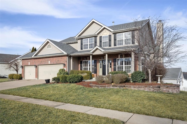 view of front of house featuring a garage, covered porch, and a front yard