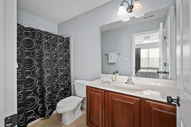 bathroom featuring ceiling fan, vanity, toilet, and tile patterned floors