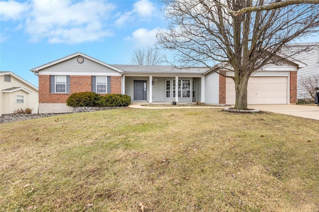 ranch-style home with a garage and a front lawn