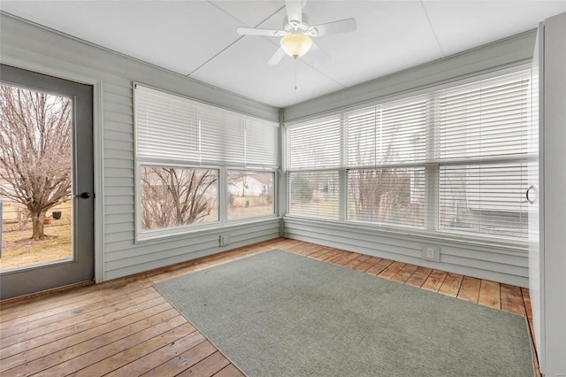 unfurnished sunroom with ceiling fan and a healthy amount of sunlight