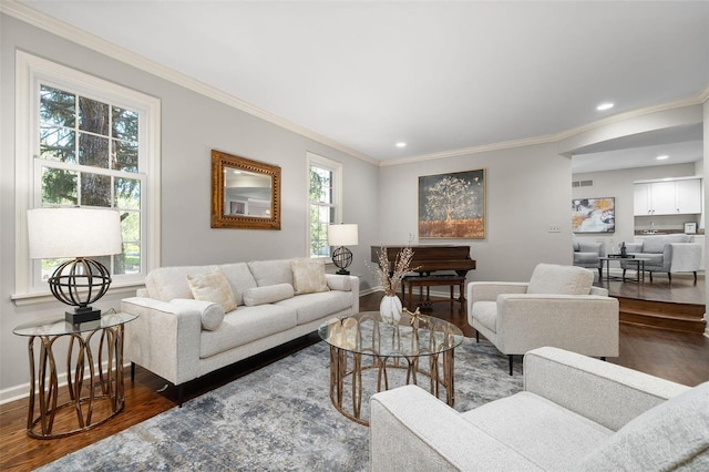 living room with crown molding and dark hardwood / wood-style flooring