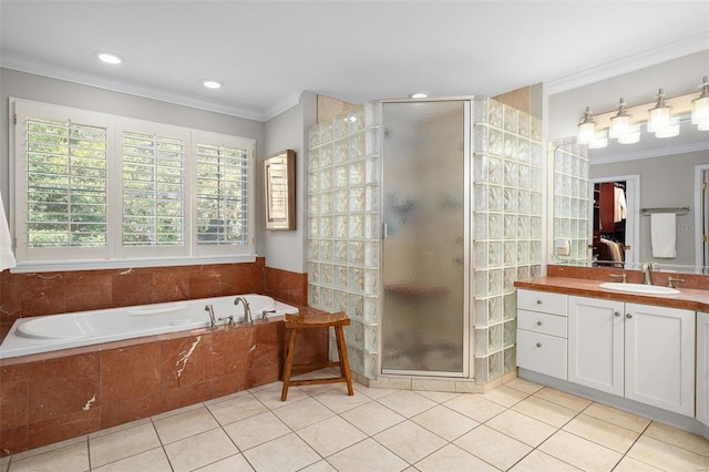 bathroom featuring tile patterned flooring, plus walk in shower, and ornamental molding