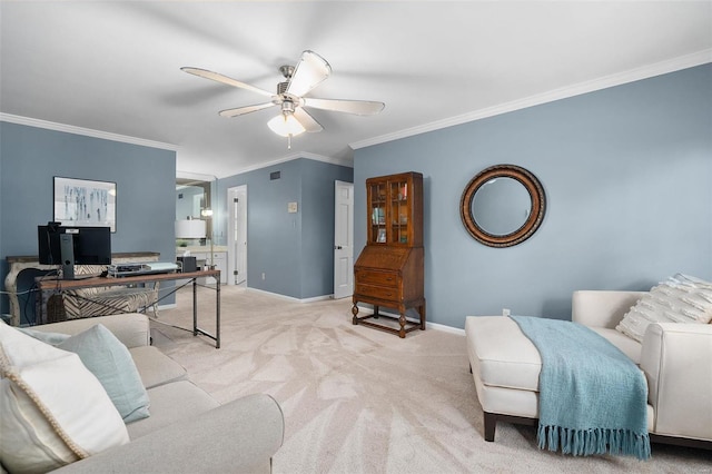 carpeted living room with crown molding and ceiling fan