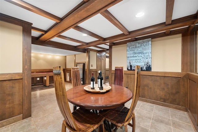 dining room featuring beamed ceiling, coffered ceiling, and light tile patterned floors