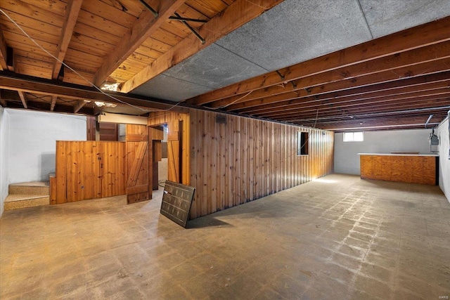 basement with wooden walls