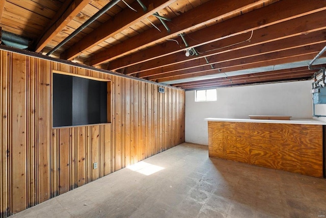 basement with wood walls