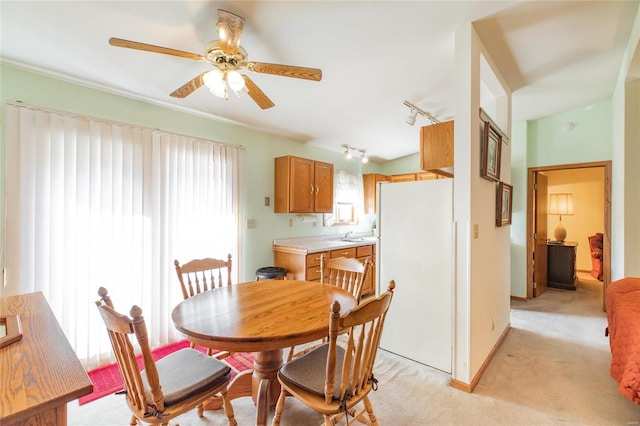 carpeted dining area with rail lighting and ceiling fan