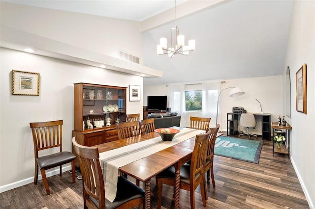 dining area with beamed ceiling, high vaulted ceiling, dark wood-type flooring, and a chandelier