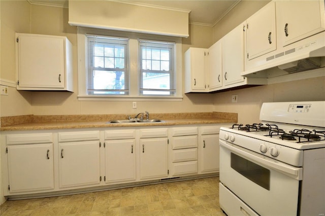 kitchen featuring white cabinetry, ornamental molding, sink, and white gas stove