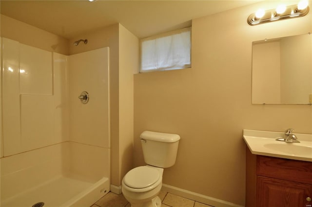 bathroom with walk in shower, tile patterned floors, toilet, and vanity