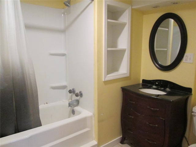 bathroom with shower / bath combination with curtain and vanity