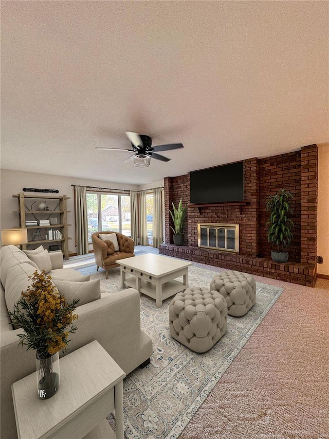 living room featuring carpet, a brick fireplace, a textured ceiling, and ceiling fan