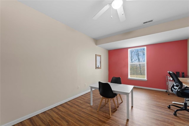 office area featuring hardwood / wood-style floors and ceiling fan