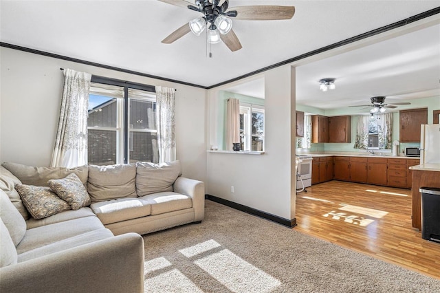 living room featuring ceiling fan, ornamental molding, sink, and light hardwood / wood-style flooring