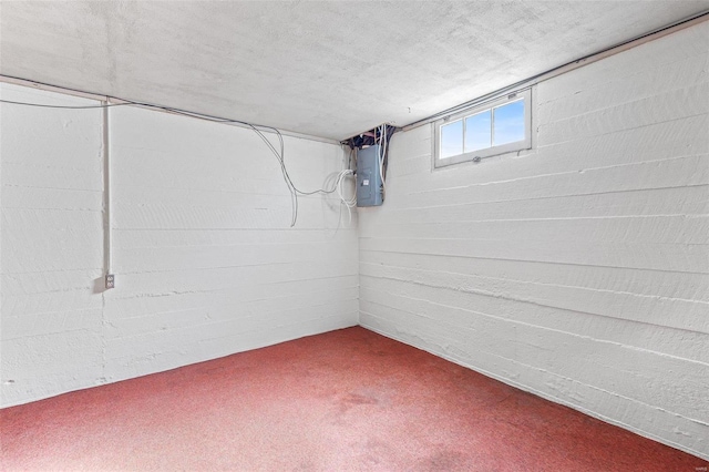 basement featuring electric panel and carpet flooring