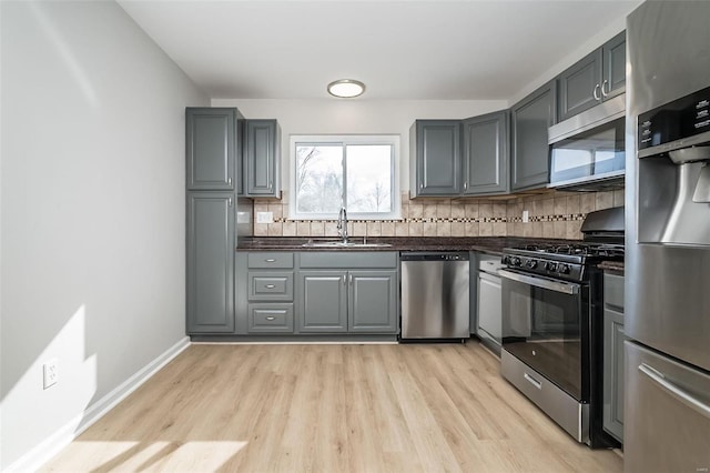 kitchen with sink, tasteful backsplash, light wood-type flooring, appliances with stainless steel finishes, and gray cabinets