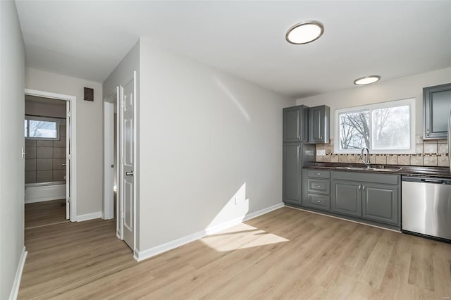 kitchen featuring sink, gray cabinetry, light wood-type flooring, dishwasher, and backsplash