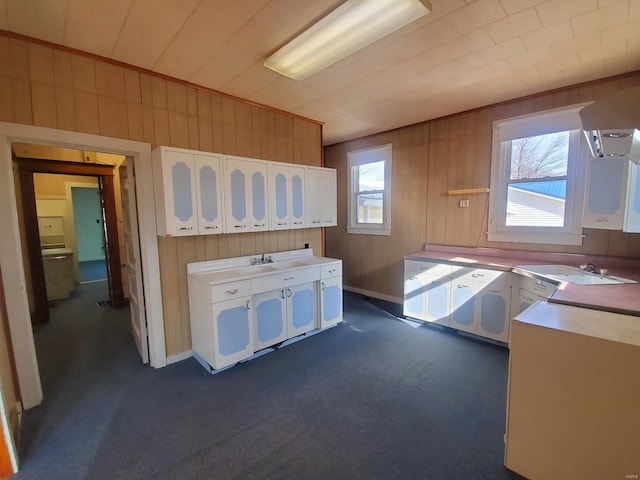 kitchen featuring sink, wooden walls, white cabinets, and dark colored carpet