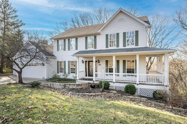 view of front facade with a front lawn, a porch, roof with shingles, a garage, and driveway