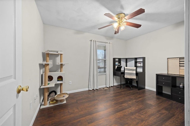 office area featuring dark hardwood / wood-style flooring and ceiling fan