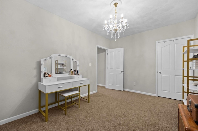 office space featuring a notable chandelier and carpet