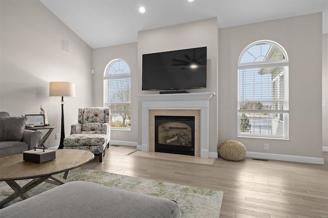 living room featuring vaulted ceiling and light hardwood / wood-style floors