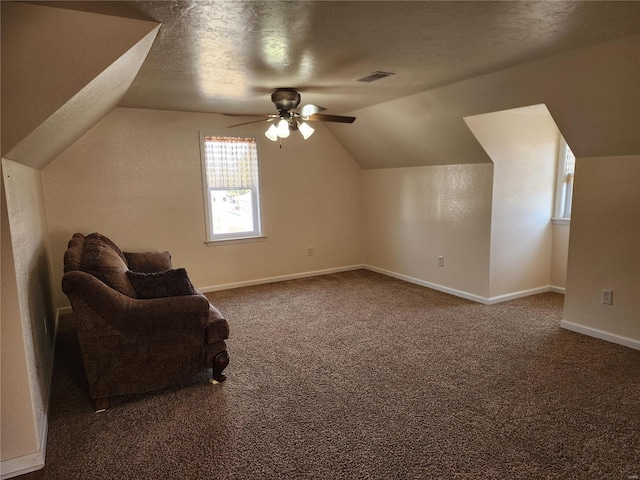 additional living space featuring vaulted ceiling, carpet, ceiling fan, and a textured ceiling