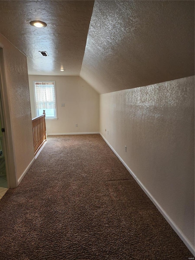 additional living space with lofted ceiling, a textured ceiling, and carpet