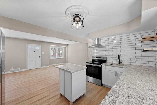 kitchen featuring electric range, visible vents, light stone counters, wall chimney range hood, and white cabinetry