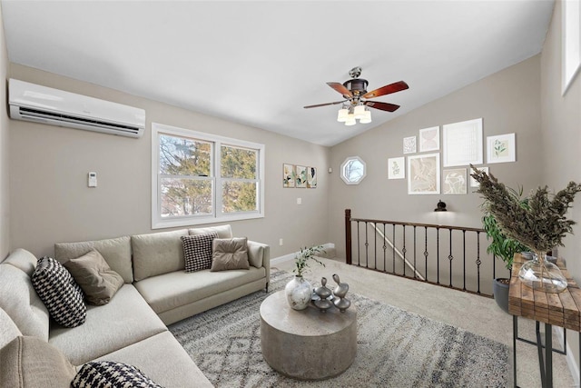 living room featuring vaulted ceiling, a wall mounted AC, a ceiling fan, and light colored carpet