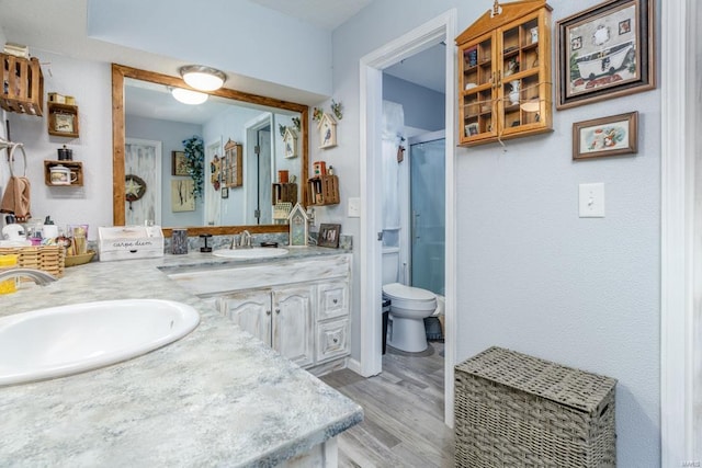 bathroom with vanity, hardwood / wood-style flooring, a shower with shower door, and toilet