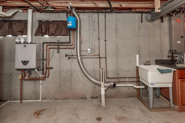 basement featuring sink, electric panel, and tankless water heater