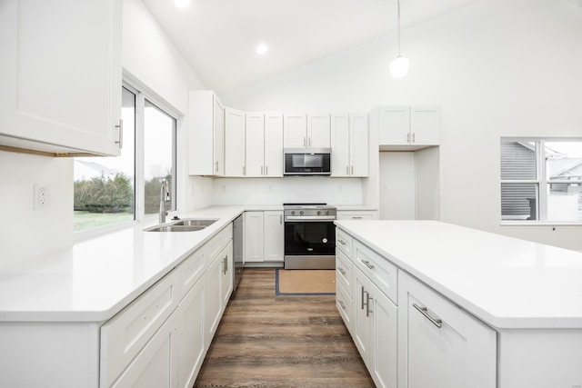 kitchen featuring sink, appliances with stainless steel finishes, dark hardwood / wood-style flooring, pendant lighting, and white cabinets