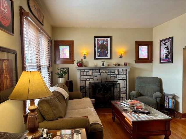 living area with a stone fireplace and wood finished floors