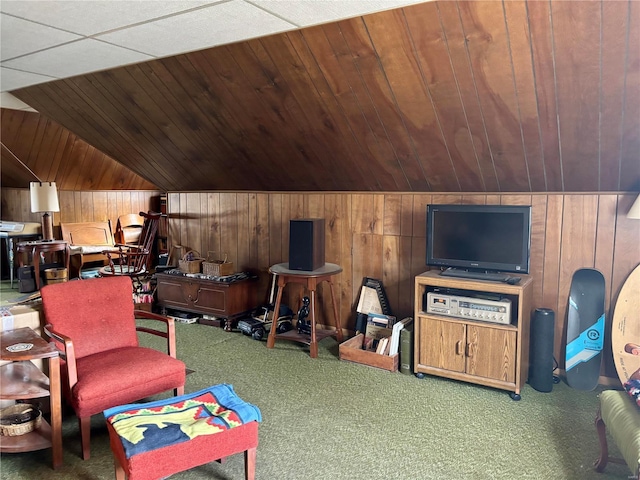 interior space with wood walls, wood ceiling, vaulted ceiling, and carpet flooring