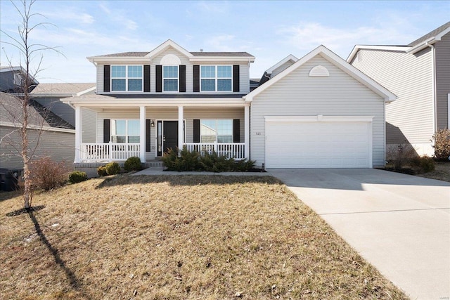 view of front of property featuring a garage, covered porch, concrete driveway, and a front lawn