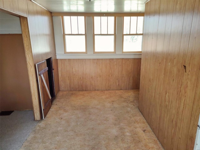 carpeted empty room featuring plenty of natural light and wood walls