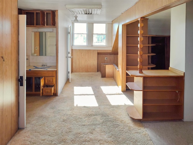 bathroom with sink and wood walls