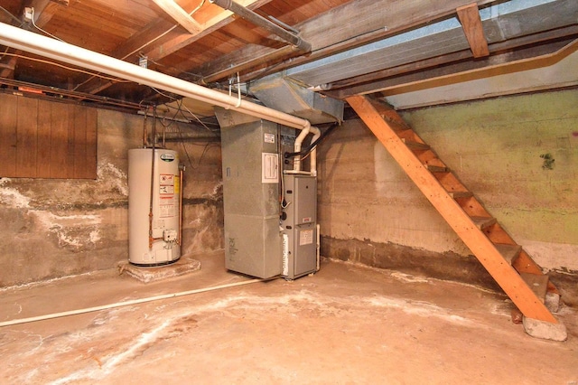 basement with heating unit and water heater