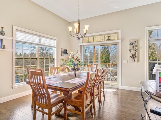 dining space with a healthy amount of sunlight, an inviting chandelier, and dark hardwood / wood-style flooring