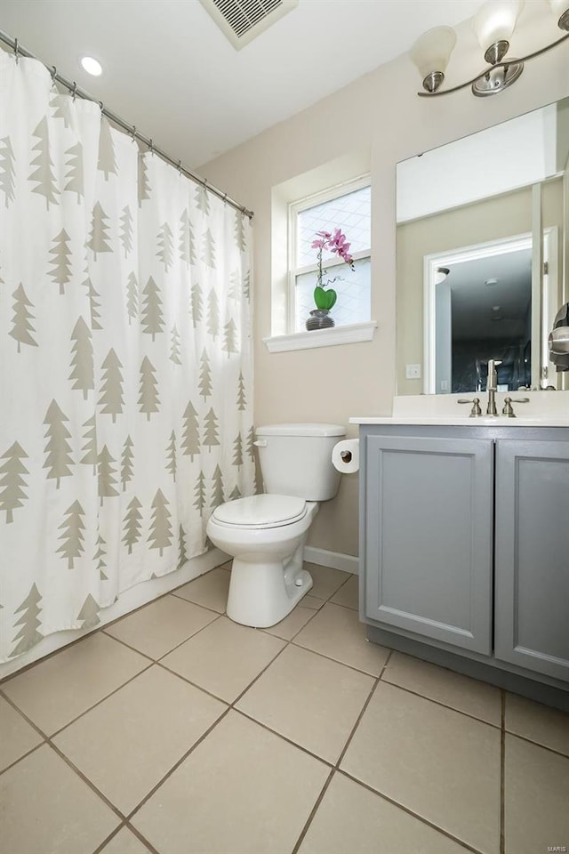 full bath featuring visible vents, baseboards, toilet, tile patterned flooring, and vanity