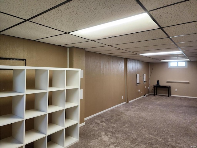 basement featuring a drop ceiling and carpet