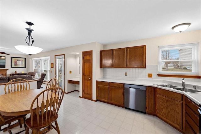 kitchen featuring pendant lighting, sink, plenty of natural light, and dishwasher