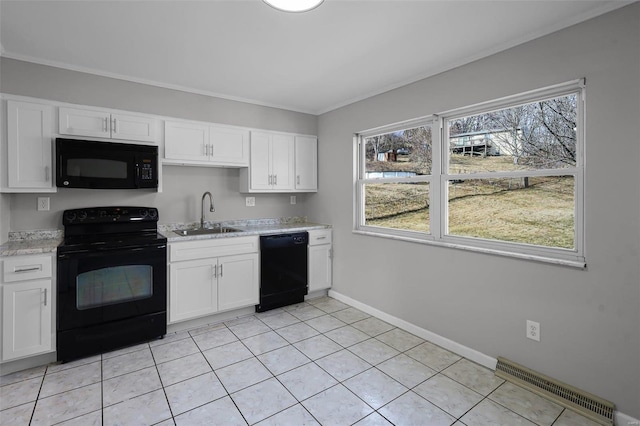 kitchen featuring white cabinetry, sink, light tile patterned floors, and black appliances