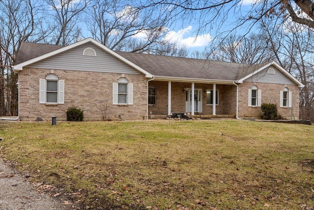 single story home with a front lawn and a porch